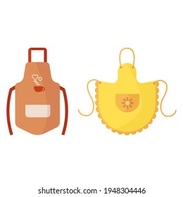 Cozy Colorful Kitchen Aprons, isolated on white background. Protective garment. Cooking dress for housewife, Barista or chef of restaurant. Vector illustration in cartoon style