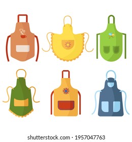 Cozy Colorful Kitchen Aprons with patterns, isolated on white background. Protective garment. Cooking dress for housewife, Barista or chef of restaurant. Vector illustration in cartoon style	