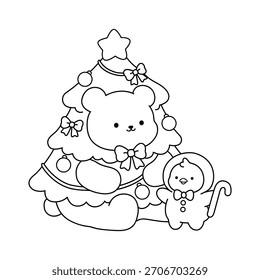 Página para colorear acogedora de un oso lindo con un traje de árbol de Navidad y un pato pequeño con un traje de pan de jengibre. Navidades Festiva Página para colorear Vector imprimible.