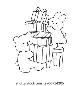 Aconchegante página de um urso bonito segurando a pilha alta de presentes de Natal. Página de colorir de um urso carregando pilha alta de presentes de Natal. Natal Feriado Coloração Página vetor imprimível. 