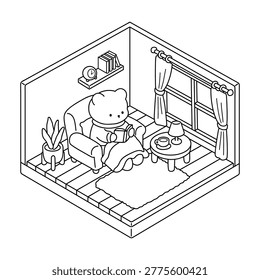 Cozy Coloring Page of a Cute Bear Sitting on a Plush Armchair by the Window, Reading a Book. Black and White Line Art with a Simple Outline, Easy to Color. A Calm and Relaxing Reading Moment with a Warm Cozy Home Vibe. Perfect Cozy Theme Coloring Page for Kids and Adults. Cute cozy illustration coloring page.