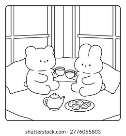 Cozy Coloring Page of a Cute Bear and Rabbit Sitting Together, Enjoying Cookies and Tea. Black and White Line Art with a Simple Outline, Easy to Color. A Warm and Sweet Friendship Moment with a Cozy Tea Time Vibe. Perfect Tea Time Cozy Theme Coloring Page for Kids and Adults.