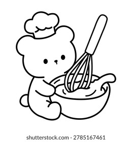 Cozy Coloring Page of a Cute Bear Holding a Bowl of Baking Batter. Black and White Line Art with a Simple Outline, Easy to Color. A Sweet and Playful Baking Scene with a Warm Cozy Kitchen Vibe. Perfect Cute Animal Coloring Page for Kids and Adults. Easy and Bold Coloring Page of a Cute Bear Isolated on White Background.