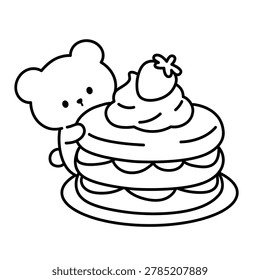 Cozy Coloring Page of a Cute Bear with Delicious Pancakes. Black and White Line Art with a Simple Outline, Easy to Color. A Sweet and Cozy Breakfast Scene with a Warm Cafe Vibe. Perfect Cute Food and Animal Coloring Page for Kids and Adults. Easy and Bold Coloring Page of a Cute Bear.