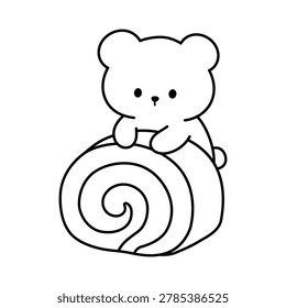 Cozy Coloring Page of a Cute Bear with a Sweet Roll Cake Dessert. Black and White Line Art with a Simple Outline, Easy to Color. A Fun and Cozy Bakery Scene with a Warm Cafe Vibe. Perfect Cute Food and Animal Coloring Page for Kids and Adults. Easy and Bold Coloring Page of a Cute Bear.
