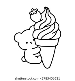 Cozy Coloring Page of a Cute Bear Enjoying Sweet Ice Cream. Black and White Line Art with a Simple Outline, Easy to Color. A Fun and Cozy Dessert Scene with a Happy Summer Cafe Vibe. Perfect Cute Food and Animal Coloring Page for Kids and Adults. Easy and Bold Coloring Page of a Cute Bear.