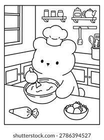 Cozy Coloring Page of a Cute Bear Holding a Bowl of Baking Batter. Black and White Line Art with a Simple Outline, Easy to Color. A Sweet and Playful Baking Scene with a Warm Cozy Kitchen Vibe. Perfect Cute Animal Coloring Page for Kids and Adults. Easy and Bold Coloring Page of a Cute Bear.