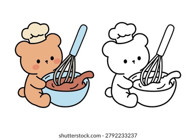 Cozy Coloring Page of a Cute Bear Holding a Bowl of Baking Batter. Little Bear Preparing a Sweet Homemade Treat. Fun Baking Scene with Mixing Bowl, Batter, and Cozy Coloring Page. Easy Black and White Line Art with Bold Simple Outlines and Large Coloring Areas. Perfect for Kids, Toddlers, Preschoolers, Kindergarten Students, Homeschool Activities, Printable Coloring Books, and Creative Learning Fun.