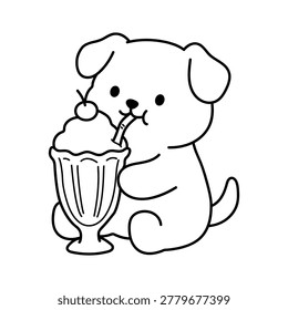 Cozy Coloring Page of a Cute Dog with Ice Cream in a Glass. Black and White Line Art with a Simple Outline, Easy to Color. A Fun and Cozy Dessert Drink Scene with an Adorable Kawaii Cafe Vibe. Perfect Cute Animal Coloring Page for Kids and Adults. Bold and Easy Coloring Page of a Cute Puppy Drinking a Sweet Creamy Float Drink.