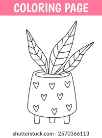Cozy coloring page, cute print with line plant in pot. Printable worksheet with solution for school and preschool. Vector cartoon illustration.