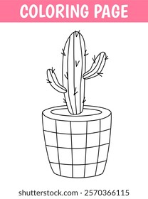 Cozy coloring page, cute print with line plant in pot. Printable worksheet with solution for school and preschool. Vector cartoon illustration.