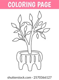 Cozy coloring page, cute print with line plant in pot. Printable worksheet with solution for school and preschool. Vector cartoon illustration.