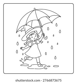 Cozy Coloring Page of a Cute Witch Girl Playing Under the Rain. Cozy Coloring Page of a Cute Witch Girl Holding an Umbrella and Playing in the Rain. Cute Witch Girl Enjoying a Rainy Day Coloring Page. Black and White Line Art with a Simple Outline, Easy to Color. A Cozy and Fun Halloween Theme Coloring Page Perfect for Kids and Adults. 