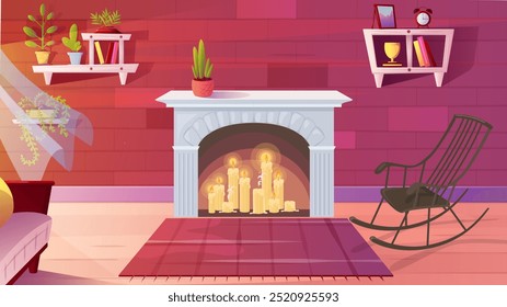 Acogedor y cómodo interior de la habitación con vela y chimenea