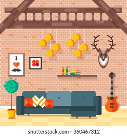 Cozy comfortable modern loft living room with convenient sofa and decorative pillows, hipster styled red guitar, books on a shelve, and deer head on a brick wall. Vector illustration.