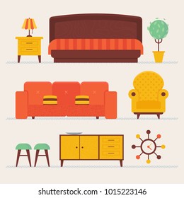 Cozy comfortable retro styled loft living room items set. Convinient sofa and decorative pillows, fashioned styled lamps, tv table, chairs, clock, flower. Vector illustration, fully editable.