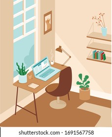 Cozy and comfortable working cabinet room.  Workplace with laptop. home office concept. Flat vector illustration