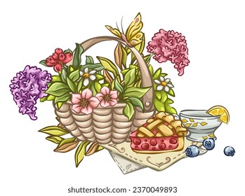 Cozy composition with basket, flowers, tea and pie
