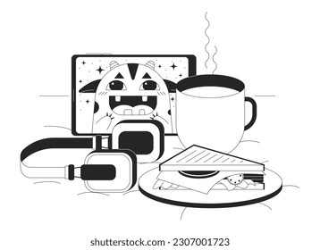 Cozy composition in bed bw conceptual hero image. Cup of tea, tablet device and sandwich monochromatic 2D cartoon scene on white background. Bedtime stories isolated concept illustration. Vector art