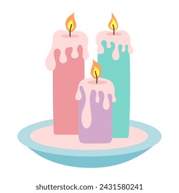Composición acogedora con velas ardientes.  Velas dibujadas a mano con cera en un plato. Ilustración de vector plano de dibujos animados. 