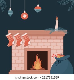 cozy composition christmas theme with fireplace, socks and decorations. 