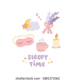 Cozy composition of lavender bouquet, cloud, moon, stars, sleep mask, tea cup, candle and Sleepy Time phrase. Flat vector illustration isolated on white background.