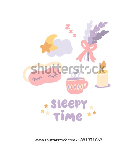 Cozy composition of lavender bouquet, cloud, moon, stars, sleep mask, tea cup, candle and Sleepy Time phrase. Flat vector illustration isolated on white background.