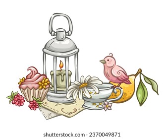 Cozy composition with tea, lamp, cupcake, bird, lemon
