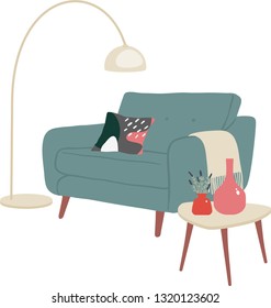 Cozy corner with blue sofa and floor lamp. Modern scandinavian design.