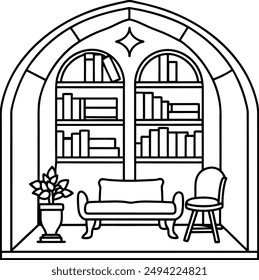 A cozy corner inside an old, antique library