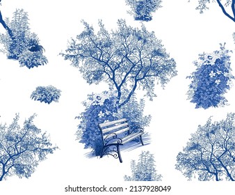 
Cozy corner of the park ( bench, flowering bushes). Vintage seamless pattern in blue tones on a white background. Hand drawn nature design.
