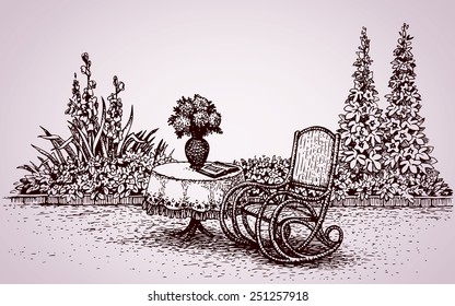 Cozy corner patio home: flower bed with gladioli, hollyhock and rocker at round desk with patterned tablecloth. Vector monochrome freehand ink drawn backdrop in style pen on paper with space for text