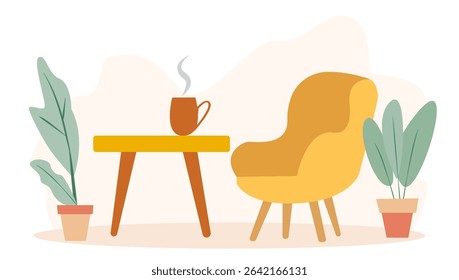 A cozy corner setup features a comfy yellow chair beside a wooden table with a steaming cup of coffee. Two potted plants add a touch of greenery to the serene atmosphere