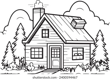 Cozy Cottage black and white only Simple vector outline (2)