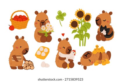 Cosy Cottage Capybara Life Vector Set con animales de granja, jardinería, actividades en el hogar, vida lenta, estilo de vida Hygge, linda ilustración de dibujos animados Colección