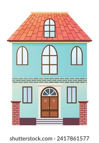 Cozy cottage facade watercolor illustration. Suburban house front view with tiled roof and porch in vector