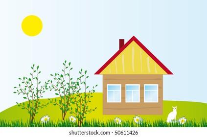 A cozy cottage in the field. Vector illustration