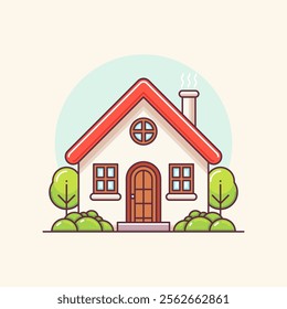 Cozy Cottage Illustration with Trees Chimney and Minimalist Cartoon Design