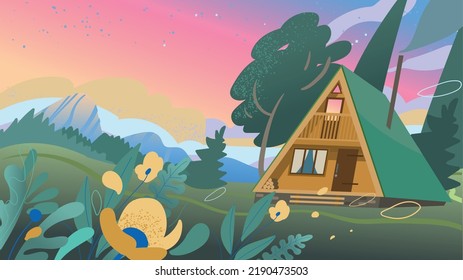 Cozy cottage in the meadow. Vector hand drawn illustration