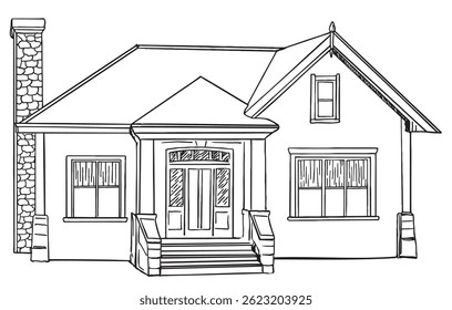 Casa de campo acolhedora com telhado arremessado. Imóveis, design arquitetônico. Suburban casa de campo isolado clipart vetor item outline. Ícone da casa isolado do fundo. Livro de cores