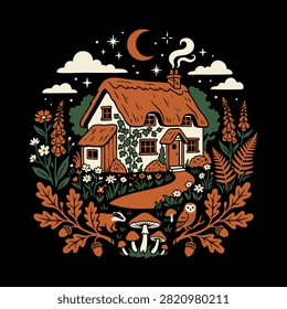 A cozy cottage sits nestled under a glowing crescent moon