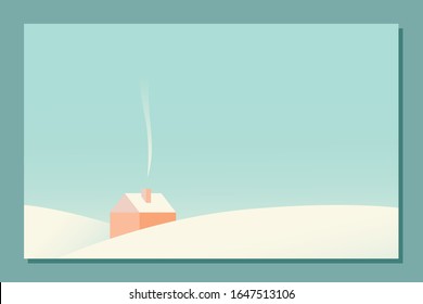 Cozy cottage with smoke from chimney among hills covered with snow. Flat style. Sweet family home in retro pastel colors. Modern hand drawn vector illustration with space for text. Postcard