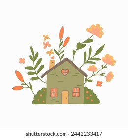 Cozy Cottage Surrounded by Blossoming Flowers and Lush Greenery