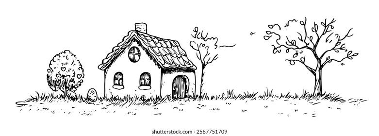 cozy cottage with trees on grassy hill in hand-drawn line art style