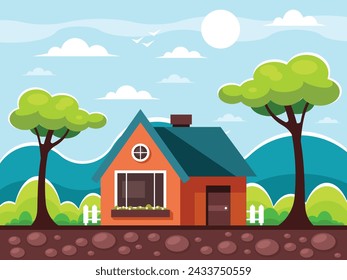 Сountryside cozy cottage with a white fence. Nature landscape, background with grass, forest, mountains and sky for game developing. Vector graphics