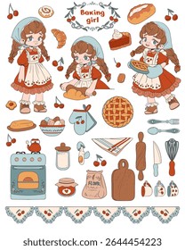 Cozy cottagecore baking girl vector set with kitchen tools, cherry pies, food ingredients, and cute character poses. Perfect for stickers, clipart, planners, and children’s projects.
