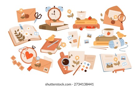 Cozy cottagecore set with books, journaling supplies, and hygge vibe. Vintage rustic aesthetic with coffee mug, candle, and spring flowers. Vector illustration for planner and scrapbook.