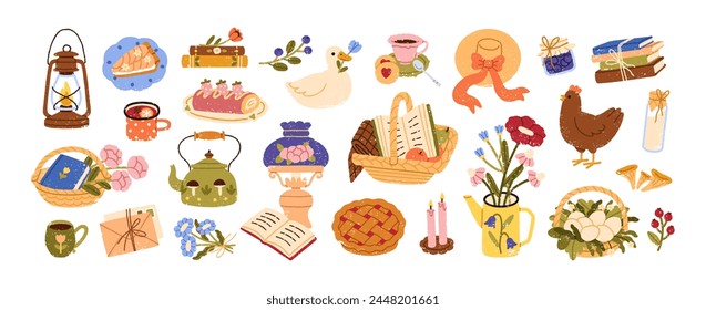 Cozy cottagecore set. Cute countryside farm items, sweet pie, cake, cup and teapot, chicken, eggs in basket and flowers. Homey country stuff. Flat vector illustration isolated on white background