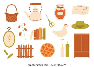 Gemütliches CottageCore thematisiertes Vektorgrafik-Set mit verschiedenen rustikalen und heimeligen Objekten. Die Sammlung umfasst einen Korb, Teekanne, Glas Konfitüre, Umschläge, Schere, Hut, Huhn, Bücher, Erdbeeren, Stickereireifen, Holzzaun, Kuchen, Kerzen, Kleiderschrank, Fäden.