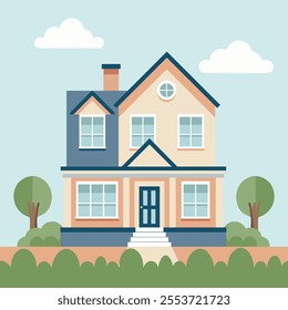 Cozy country house among green trees and bushes. Rural cozy cottage. Flat style illustration